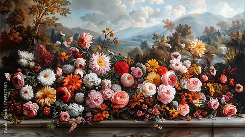 Visualize a bouquet of late summer flowers, such as asters and goldenrods, set against an antique tapestry featuring classical pastoral scenes