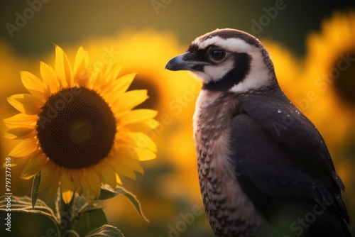 a bird standing next to a sunflower