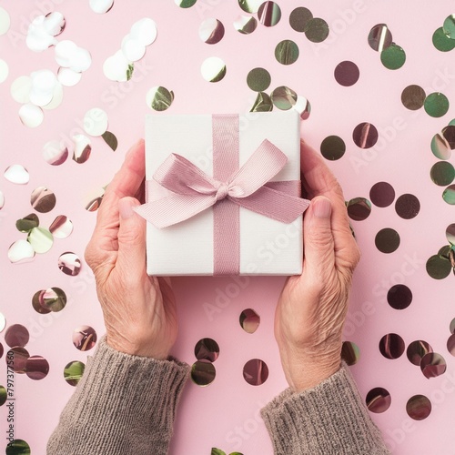 woman in shower with confetti, Womans hands holding gift or present box decorated confetti on pink pastel table top view. Flat lay composition for birthday or wedding, Ai Generate