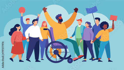 A man in a wheelchair surrounded by friends and allies rolling along in the Freedom March reminding everyone that no one is excluded from this fight.. Vector illustration