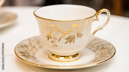 a white and gold teacup with gold designs on a white plate