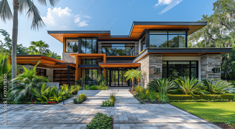 A modern home in florida with stone and wood accents, large windows, tropical landscaping, wide angle shot. Created with Ai