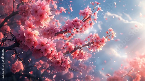 Visualize a cluster of cherry blossoms in full bloom, with petals fluttering downwind © LuvTK