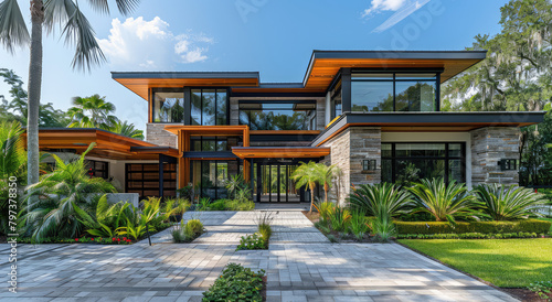 A modern home in florida with stone and wood accents, large windows, tropical landscaping, wide angle shot. Created with Ai © Madiha