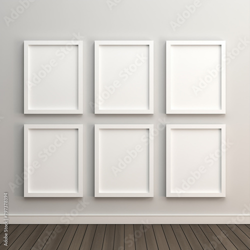 White Picture Frames on Gray Wall, Simple Interior Decor, Wooden Floor © OlgaNeuroArt
