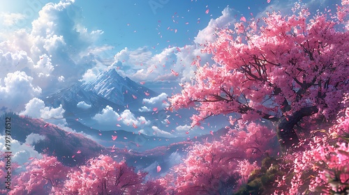 Visualize a cluster of cherry blossoms in full bloom  with petals fluttering downwind