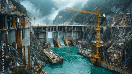 A large construction site with a crane and a large body of water photo
