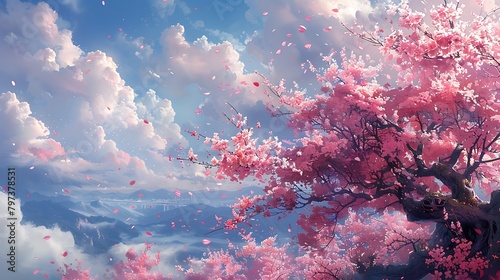 Visualize a cluster of cherry blossoms in full bloom  with petals fluttering downwind