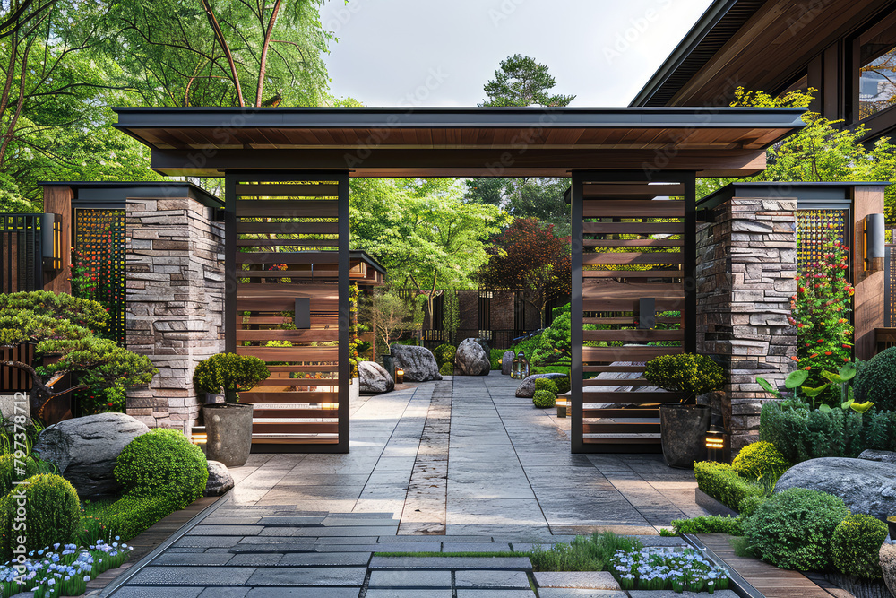 A modern Japanesestyle garden with an entrance framed by wooden and stone structures, leading to the front yard of a house.  Created with Ai