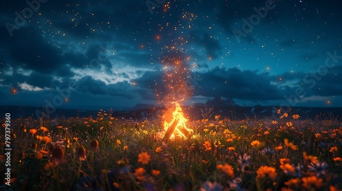 Visualize a field of wildflowers catching the glow from a nearby campfire under a starry sky photo