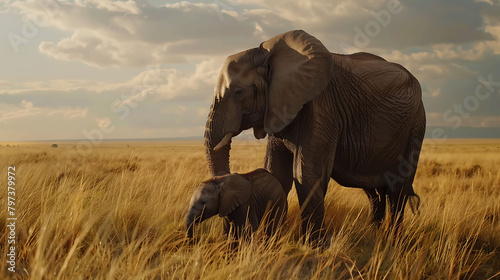 A tender moment between an African Bush Elephant mother and her inquisitive calf is beautifully depicted against the stunning backdrop of  Kenya, Africa, in stunning HD clarity © Jigxa