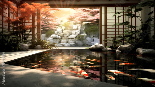 fish in Japanese garden with japan style house nature beauty background
 photo