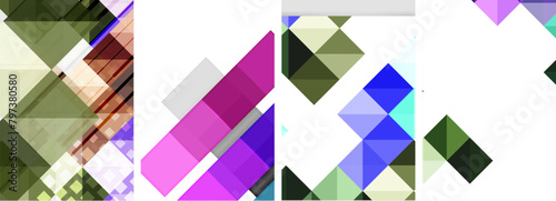 A variety of vibrant shapes like purple triangles and magenta rectangles create a visually stimulating art piece on a white background, showcasing creative arts and tints in shades of violet