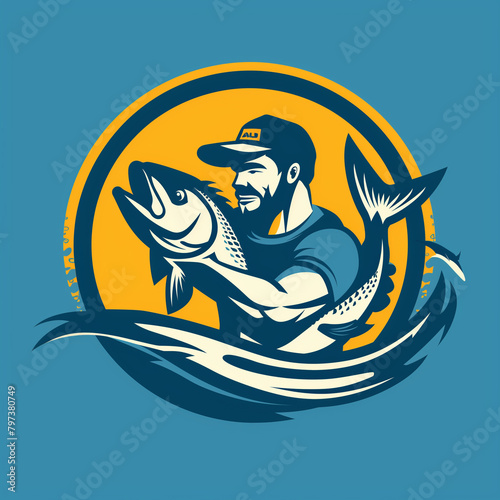 Stylized emblem, logo of a bearded fisherman holding a big fish, on a blue and yellow background
