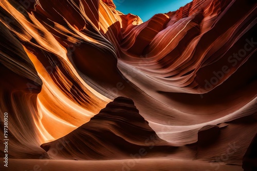 .Low angle of spectacular view of Antelope Canyon with smooth brown surface located in ArizonaLow angle of spectacular view of Antelope Canyon with smooth brown surface 
