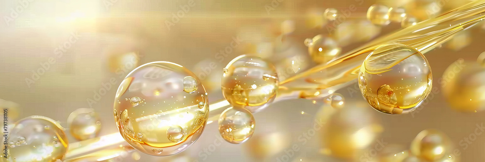 Golden yellow abstract oil bubbles or face serum background. Oil and water bubbles .golden yellow Bubbles oil or collagen serum for cosmetic product, banner poster Golden yellow abstract oil bubbles or face serum background. Oil and water bubbles .golden yellow Bubbles oil or collagen serum for cosmetic product, banner poster