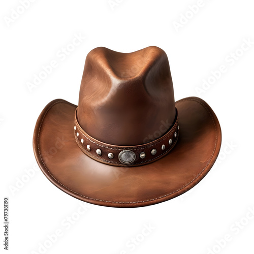 Rustic brown leather cowboy hat with conchos on a transparent background, PNG Format photo