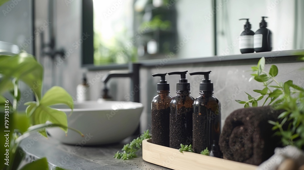 Transparent Glass Bottles with Dispenser Filled with Black Soil On Modern Bathroom Counter. Soil-Based Cosmetics, Eco Beauty Trend, Organic Skincare. AI Generated Transparent Glass Bottles with Dispenser Filled with Black Soil On Modern Bathroom Counter. Soil-Based Cosmetics, Eco Beauty Trend, Organic Skincare. AI Generated