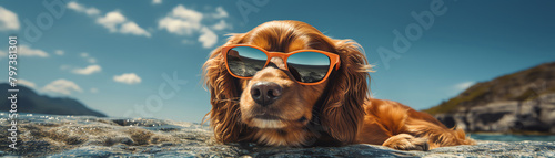 Dog with Sunglasses Enjoying Seaside Relaxation photo
