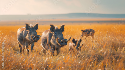 A serene scene as a family of warthogs forages for food in the grasslands of  Kenya, Africa, their distinctive tusks and quirky appearances captured with charming realism in mesmerizing 8k resolution photo