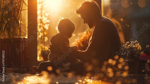 A man and a child are sitting on the ground, with the man holding the child