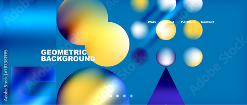 A colorful geometric background featuring circles and triangles in shades of electric blue on an azure sky backdrop. Closeup detail resembling balloons of gas at an event