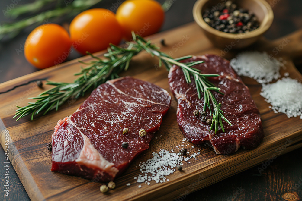 A wooden cutting board with a thick steak on top, surrounded by ingredients like tomatoes, garlic, and peppers.