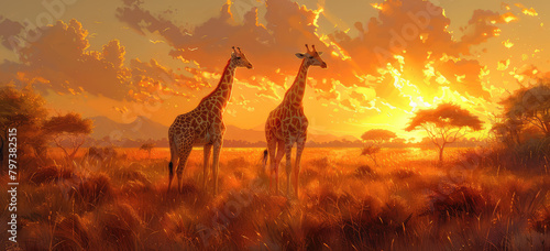 A dramatic sunset over the African savannah, with silhouettes of giraffes standing tall against the orange sky. Created with Ai photo