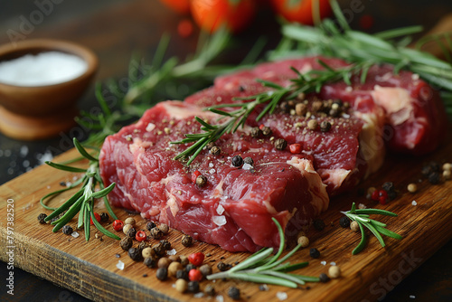 A wooden cutting board with raw beef steak, garnished with sprigs of rosemary and black and white peppercorns.