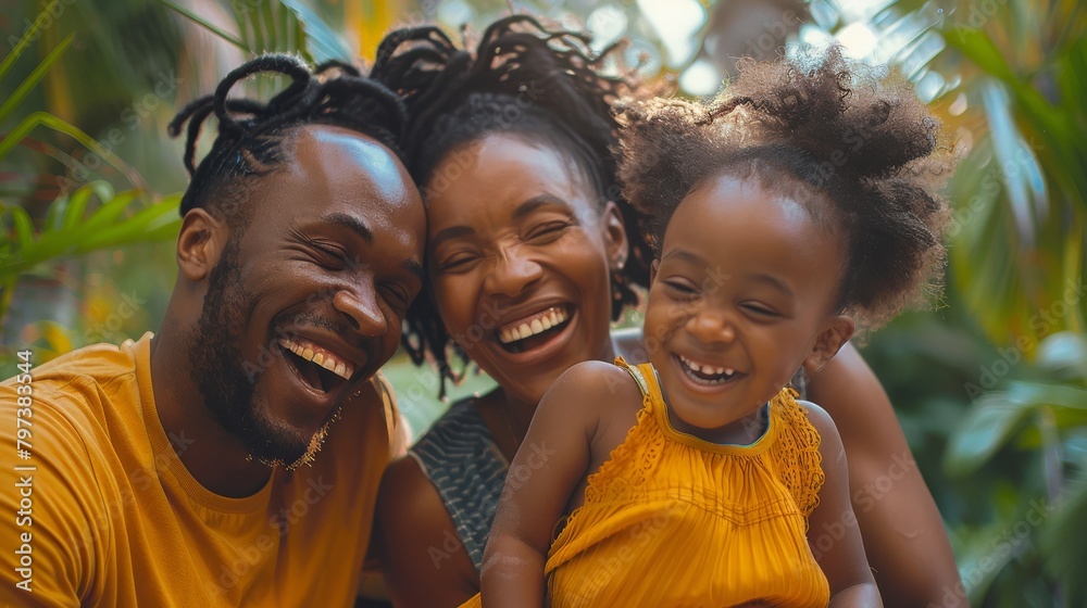 A family of three, a man, a woman and a child, are smiling and laughing together