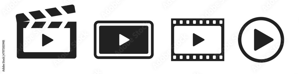 Cinema play video icon set. Flat vector illustration isolated on white background. Cinema play video icon set. Flat vector illustration isolated on white background.
