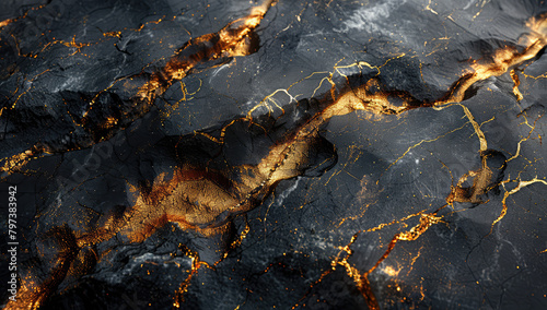 Abstract background with golden cracks on dark grey marble stone texture. Created with Ai