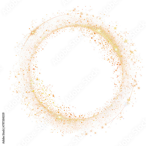 The gold particles circle are sprinkled in the air to form a thin isolated on transparent png.	