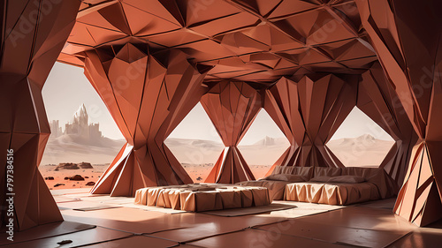 create a mars habitat, interior shot, building is made of columns and beams which connect sheets of material together used as walls. the floors and ceilings are suspended and flexed. the walls are mad