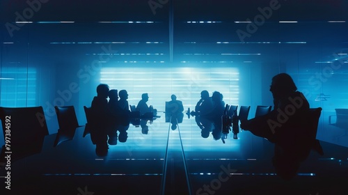 Business leaders convene in a dimly lit, blue-toned conference room, reflecting a mood of serious strategic planning. photo