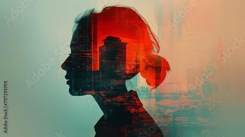 A portrait of a woman with a city skyline in her head. photo