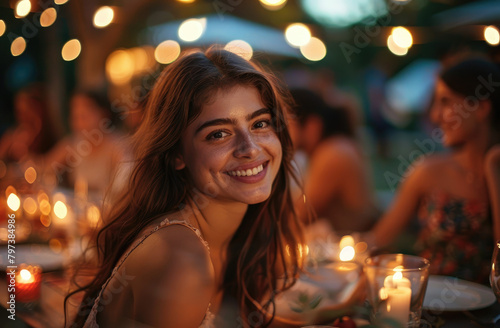 A smiling attractive young woman at an outdoor dinner table with friends under evening lighting, candles and string lights, people in the background creating a relaxed mood with a natural look.