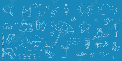 Hand drawn doodle vector set. Summer holidays, vacation, sun, ice cream, bird, cloud, crab, heart, shell, flower, limonade, watermellon, swimsuit, umbrella. Vector illustration.