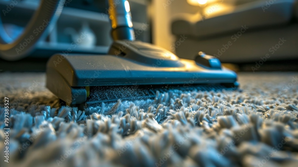 A close-up of a vacuum cleaner in action, showcasing the effectiveness of household cleaning equipment on a soft carpet. A close-up of a vacuum cleaner in action, showcasing the effectiveness of household cleaning equipment on a soft carpet.