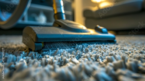 A close-up of a vacuum cleaner in action, showcasing the effectiveness of household cleaning equipment on a soft carpet.