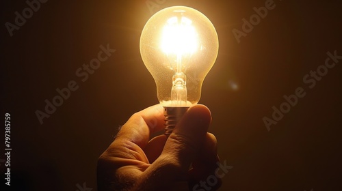 The warm glow of a light bulb held firmly in a hand against a dark background symbolizes the birth of an idea. photo