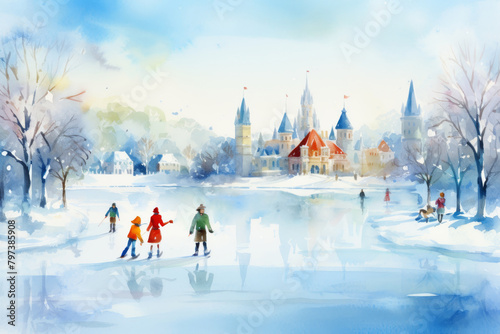 A picturesque watercolor scene of ice skater on a frozen pond in a quaint town adorned with snowy rooftops and historical architecture, captured in a serene watercolor scene.