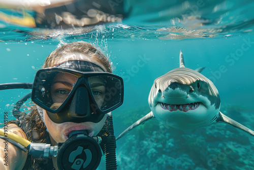 A woman scuba diving taking an amateur photo with her camera of herself and the shark next to her smiling. Created with Ai photo