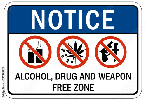 No weapon sign alcohol, drug and weapon free zone