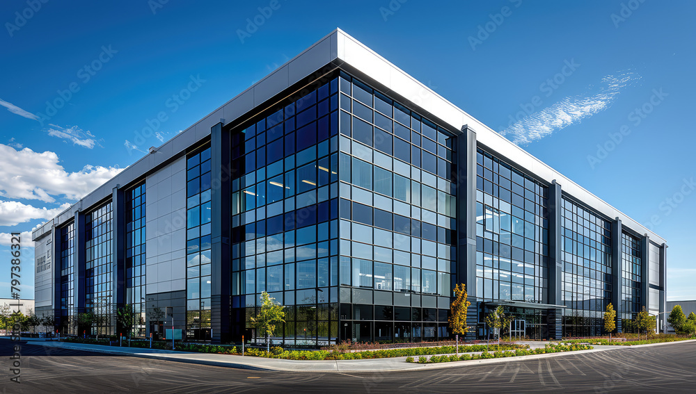 A photo of the exterior facade of an industrial building with black metal cladding and large glass windows, illuminated by natural light at sunset. Created with Ai