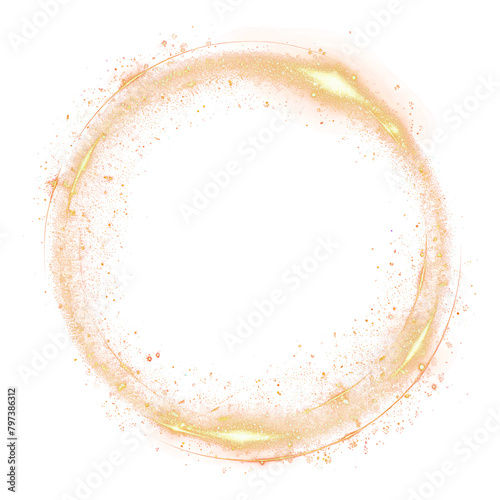 The gold particles circle are sprinkled in the air to form a thin isolated on transparent png. 