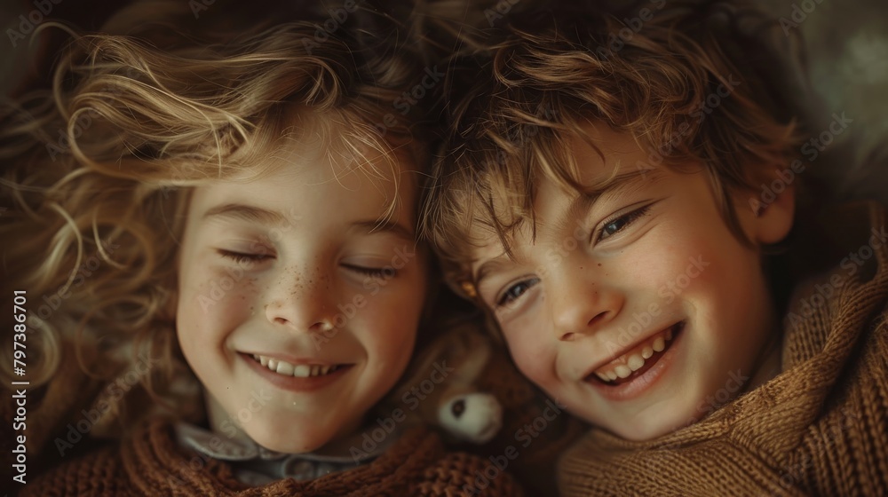 Two young children are lying on their stomachs and smiling at the camera Two young children are lying on their stomachs and smiling at the camera
