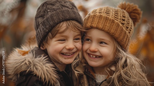 Two young children wearing hats and smiling at the camera