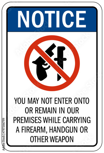 No weapon sign you may not enter onto or remain in our premises while carrying a firearm, handgun or other weapon