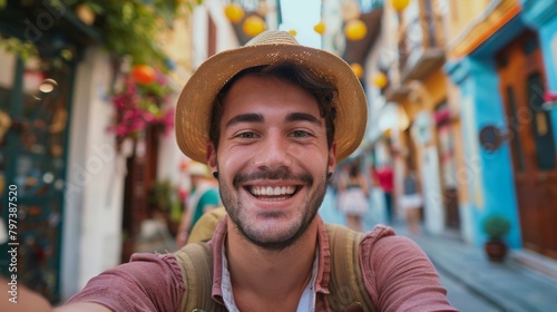 An adventurous young man takes a cheerful selfie with a straw hat on, capturing the vibrant spirit of a picturesque street.
